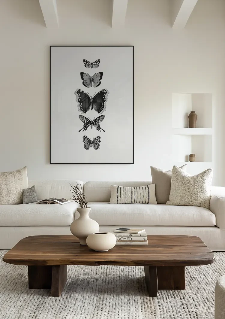 Vijf Verschillende Vlinders Verticaal Rij Zwart Wit Botanisch Natuur Schilderij
