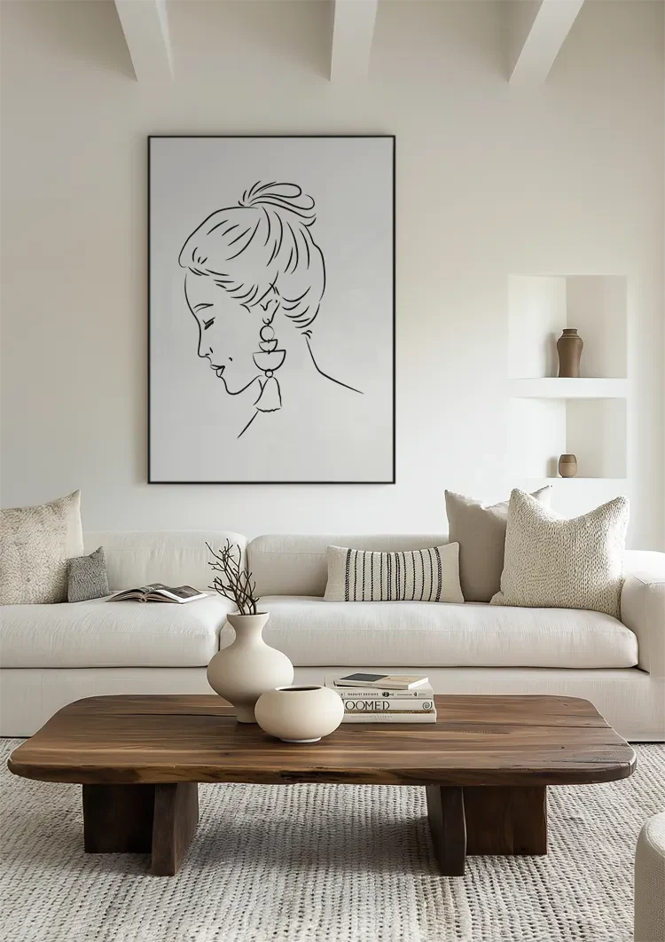 Vrouw Profiel Opgestoken Haar Oorbel Lijntekening Elegant Portret Schilderij