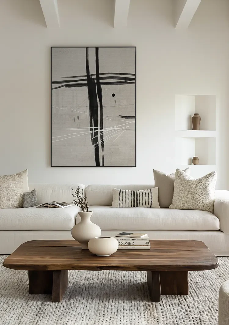 Black Cross Brushstrokes Beige Abstract Expressive Minimalist Art Painting