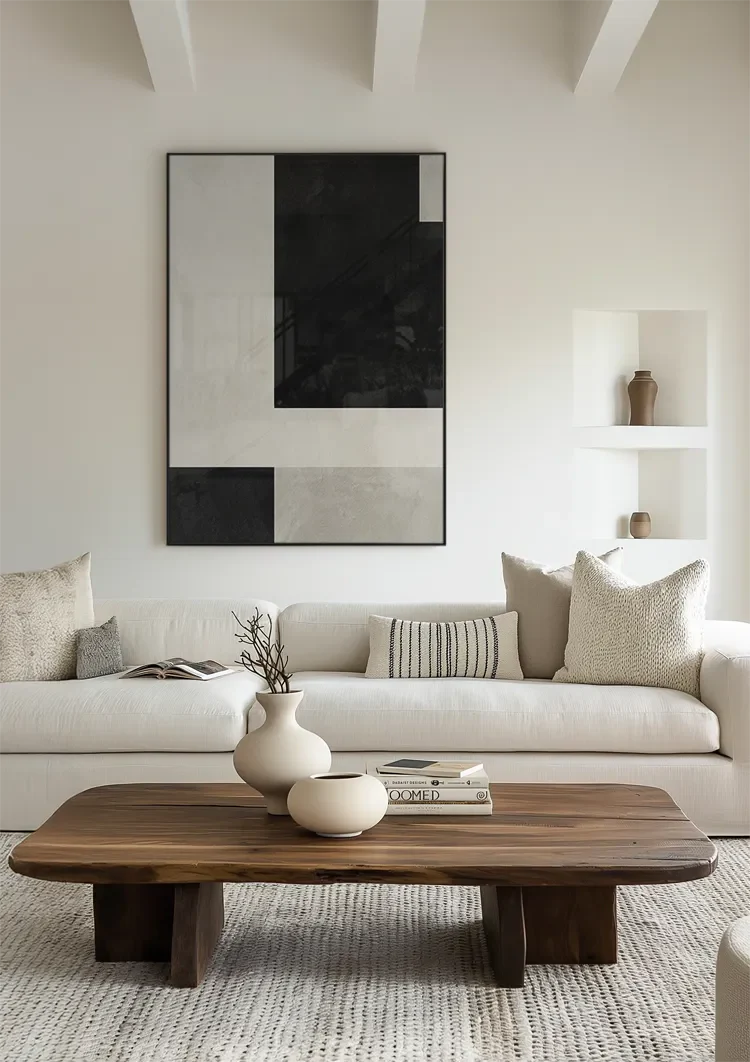 Geometrische Abstracte Compositie Zwart Wit Beige Minimalistisch Schilderij