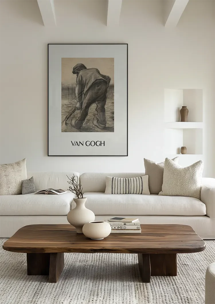 Boer met Bezem Van Gogh Stijl Schets Beige Achtergrond Schilderij