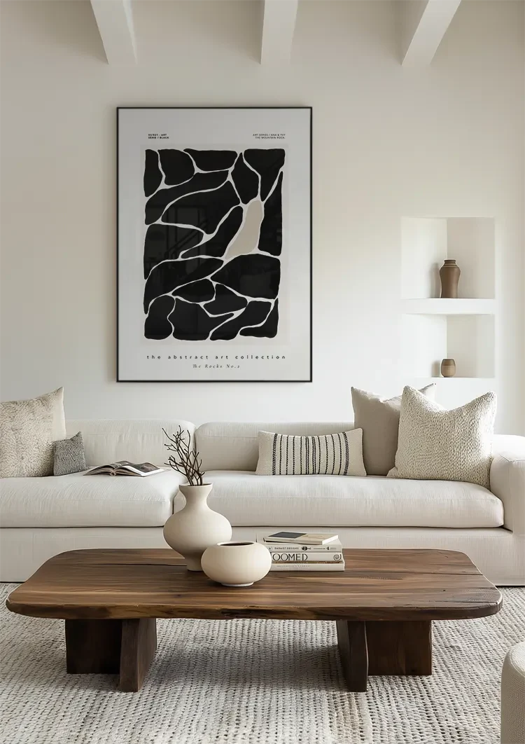 Abstrakte schwarze Felsen, weiße Linien, organisches modernes Gemälde
