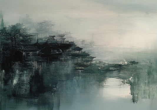 Mistig stadslandschap canvas schilderij in donkere en atmosferische tinten