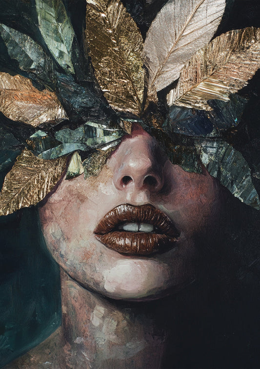 Frau mit goldenen Blättern Leinwandbild in Grün und Gold, botanischer Stil