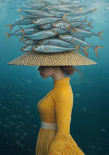 Frau Gelbes Kleid Fischschule Unterwasser Surreales Leinwandgemälde
