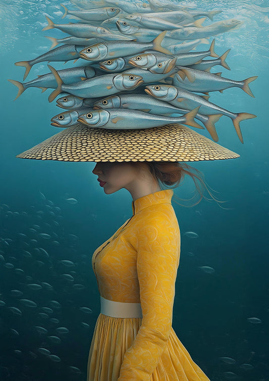 Vrouw in gele jurk canvas schilderij in geel en blauw, surrealistische onderwaterscene