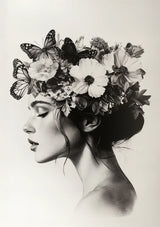 Frau mit Schmetterlingen und Blumen Schwarz-Weiß Botanisches Porträt Leinwandbild