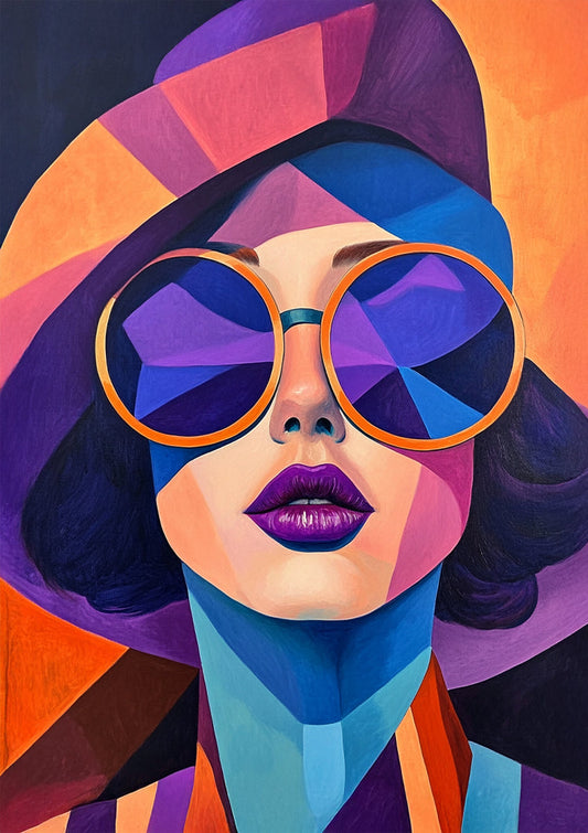 Geometrisches Gesicht Leinwandbild mit Sonnenbrille, Lila, Blau und Orange, Pop-Art-Stil
