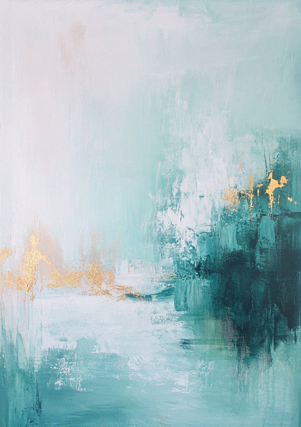 Abstrakt Türkis Weiß Goldene Akzente Serenes Minimalistisches Gemälde
