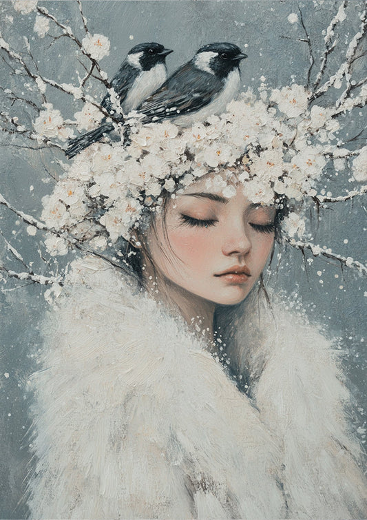Schneekönigin Leinwandbild mit Vögeln und weißen Blüten, weiß und grau, ätherische Atmosphäre