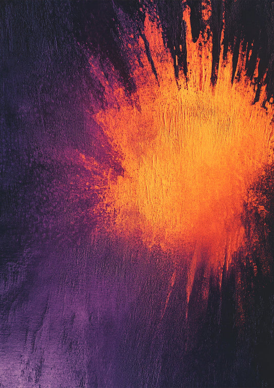 Abstraktes Feuerexplosion Leinwandbild in Orange und Rot auf violettem Samt