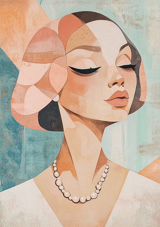 Kubistisch vrouwenportret canvas schilderij in terracotta en turquoise, geometrische stijl