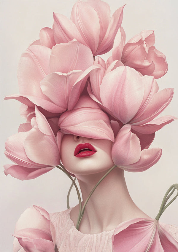 Woman with Pink Tulips Soft Floral Elegant Portrait Painting