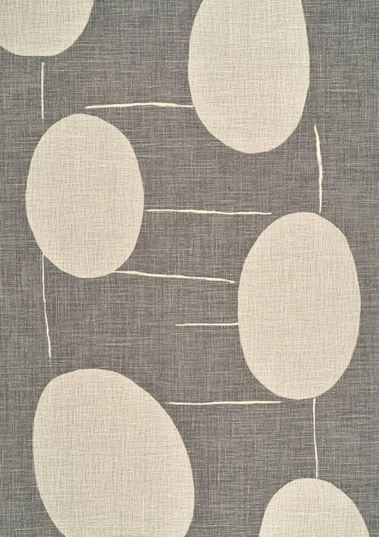 Abstraktes ovale Leinwandbild in Creme und Grau, minimalistischer Stil