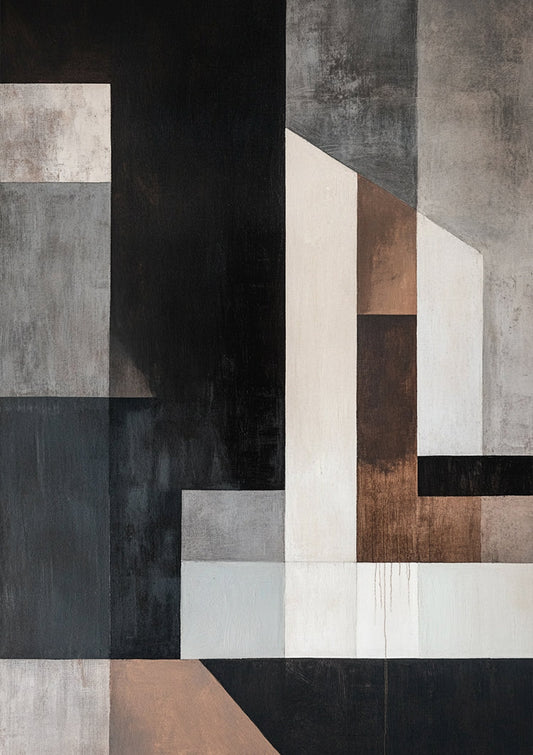 Abstraktes geometrisches Leinwandbild in Beige, Taupe und Schwarz, minimalistischer Stil