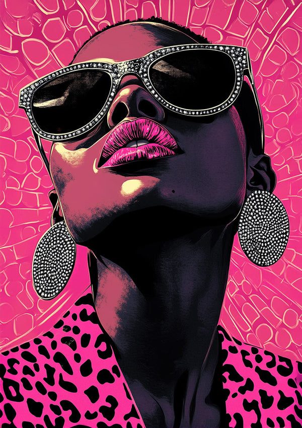 Glamoureuze Vrouw Zonnebril Roze Luipaardprint Pop Art Schilderij