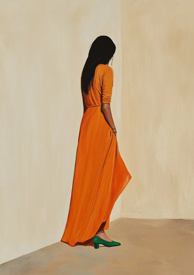 Frau in orangefarbenem Kleid grüne Absätze minimalistisches Leinwandgemälde