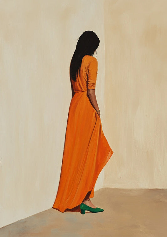 Frau in einem orangen Kleid mit grünen Absätzen, Leinwandbild im minimalistischen Stil