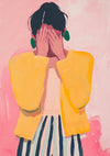 Woman Hidden Face Yellow Sweater Pink Background Painting