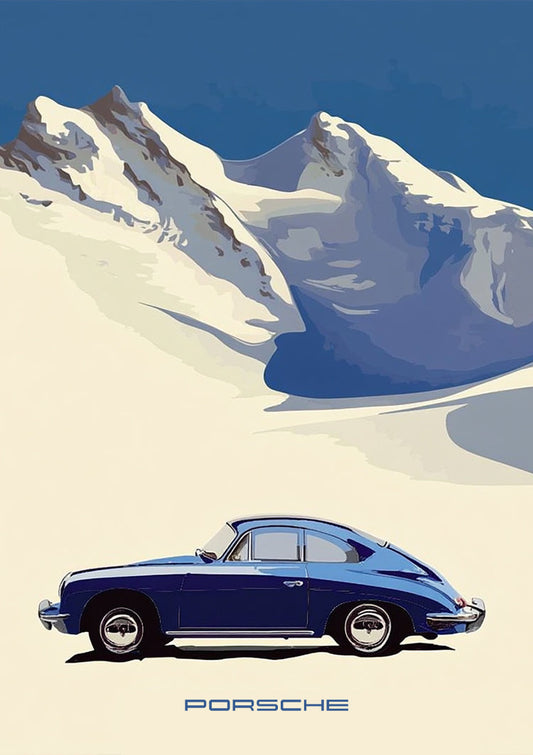 Blue classic car canvas painting in a snowy mountain landscape
