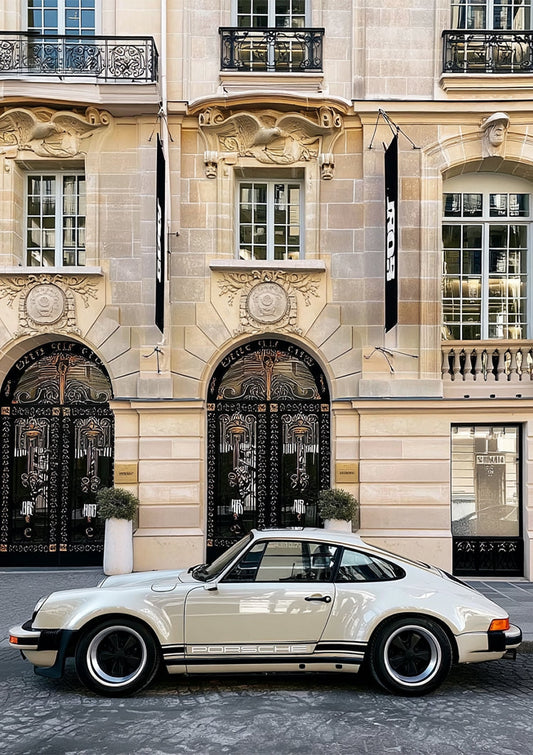 Silver sports car canvas painting in front of an elegant Parisian facade
