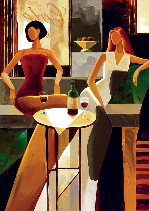 Two Women with Wine in Bar Warm Styled Painting