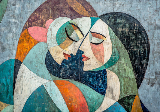 Kubistisch vrouwenportret canvas schilderij in geometrische vormen en felle kleuren