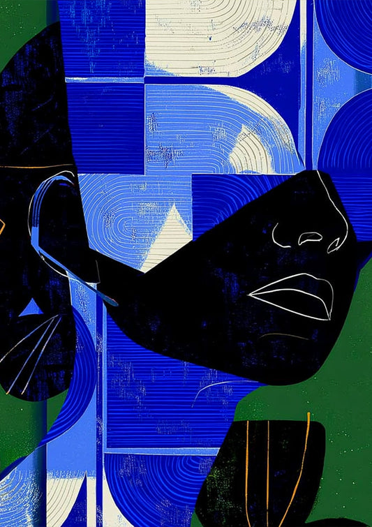 Geometrisches Gesicht Leinwandbild in Blau und Grün mit grafischen Formen