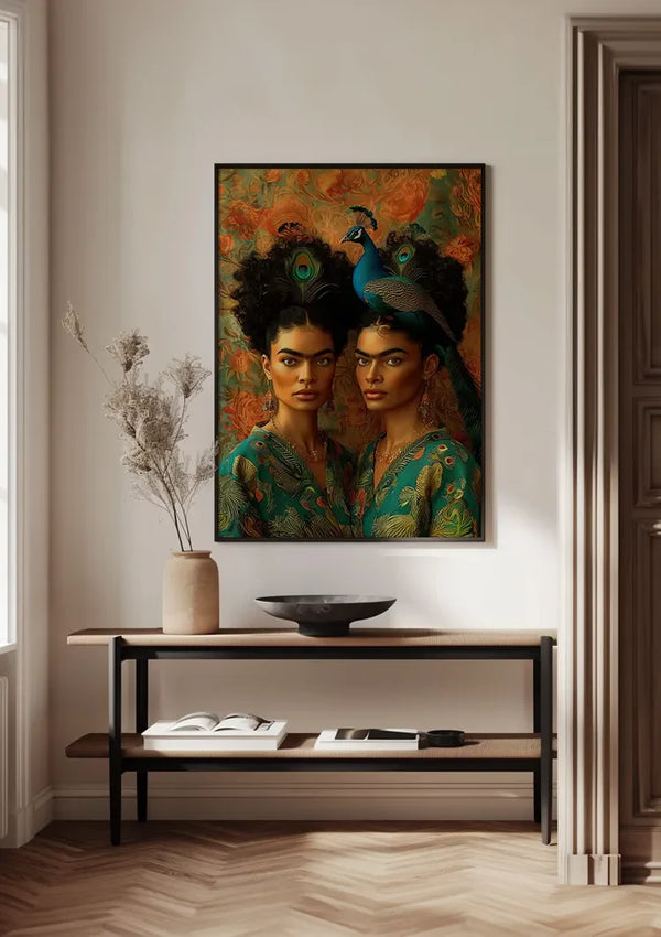Two Elegant Women with Peacock Exotic Portrait Painting