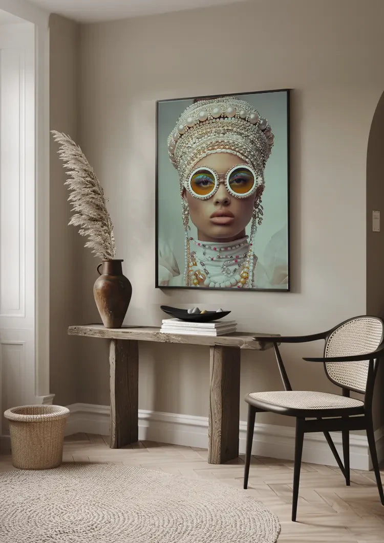 Glamorous Woman With Pearls Sunglasses Extravagant Portrait Painting
