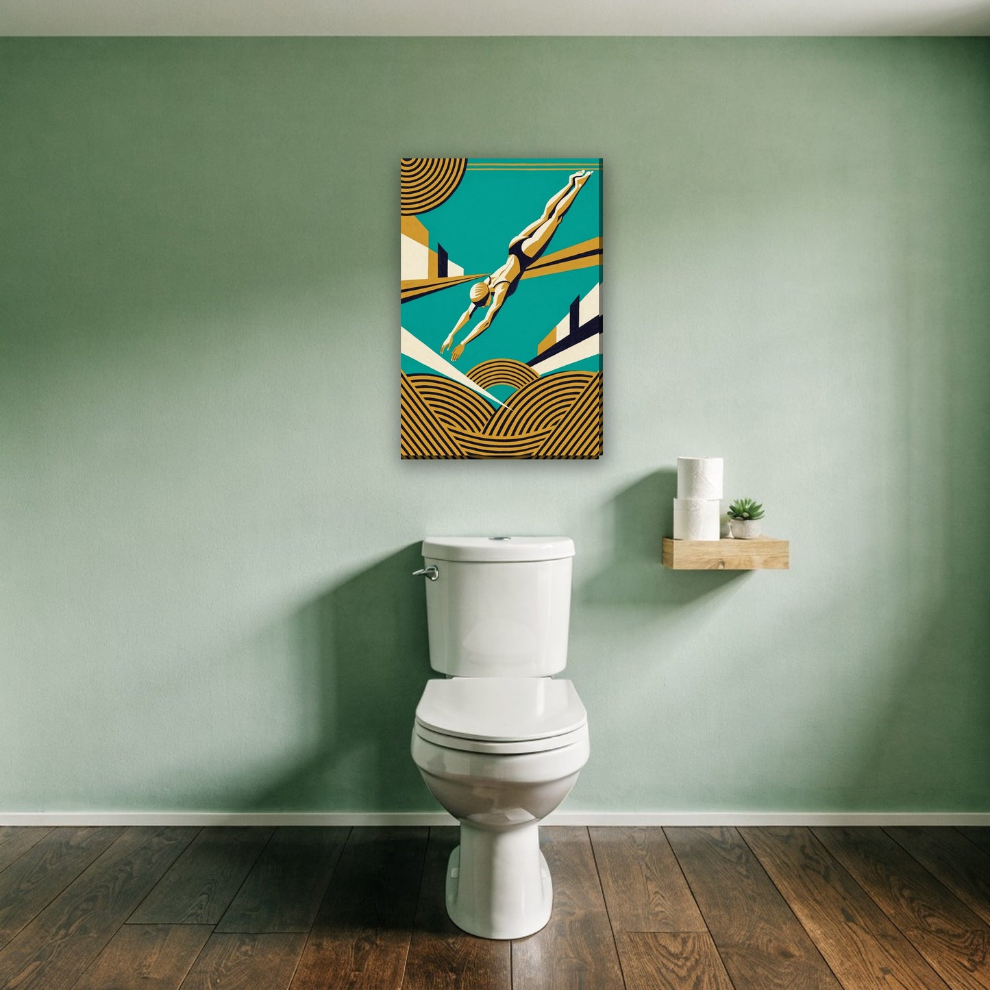 Art deco zwemster canvas schilderij aan de muur boven het toilet