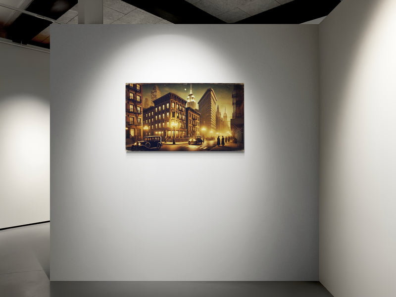 Vintage stadsstraatbeeld met klassieke auto's en nachtlampjes - Canvas wandkunst