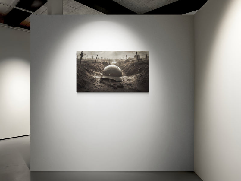 Scène met loopgraafhelm in sepiatinten op canvas