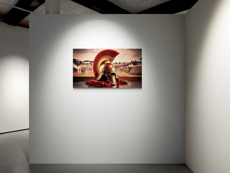 Romeinse helm tentoongesteld met kampachtergrond - Canvas wandkunst
