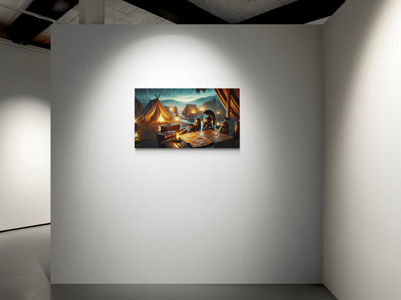 Oud Romeins militair kamp met tenten en harnassen in regenachtig landschap - Canvas wandkunst