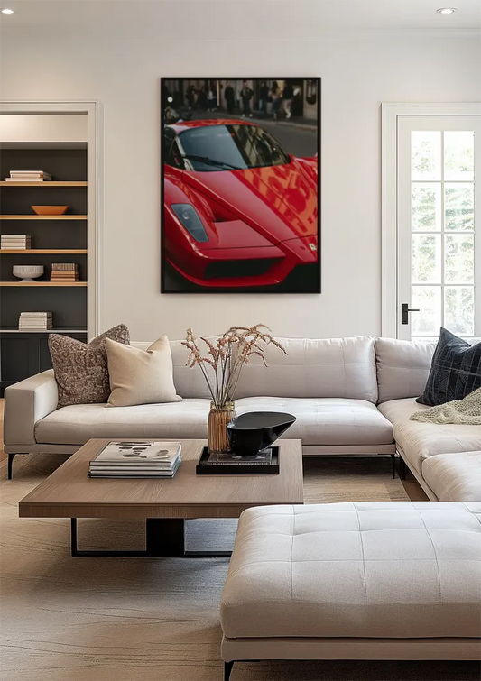 Red sports car canvas painting on the wall above the bed in the bedroom