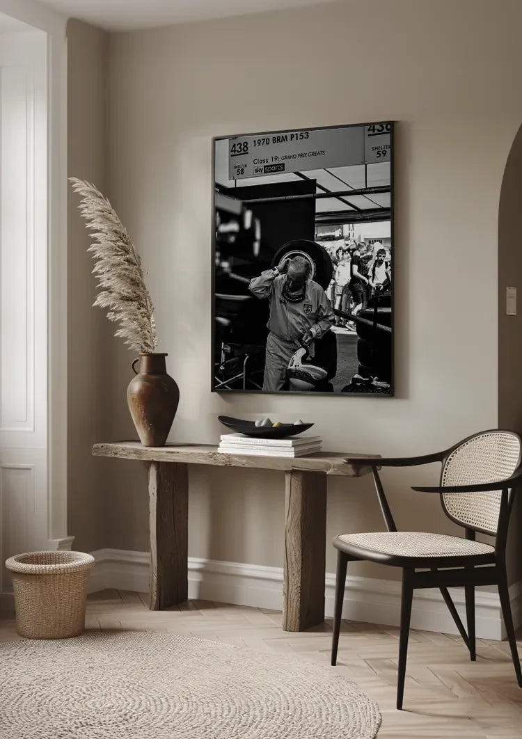Elderly Driver Removes Helmet Formula 1 Paddock Black White Painting