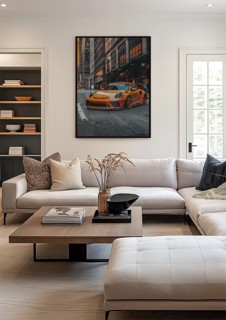 Oranje Porsche Sportwagen Stad Avond Oranje Lichten Luxe Auto Kunst Schilderij