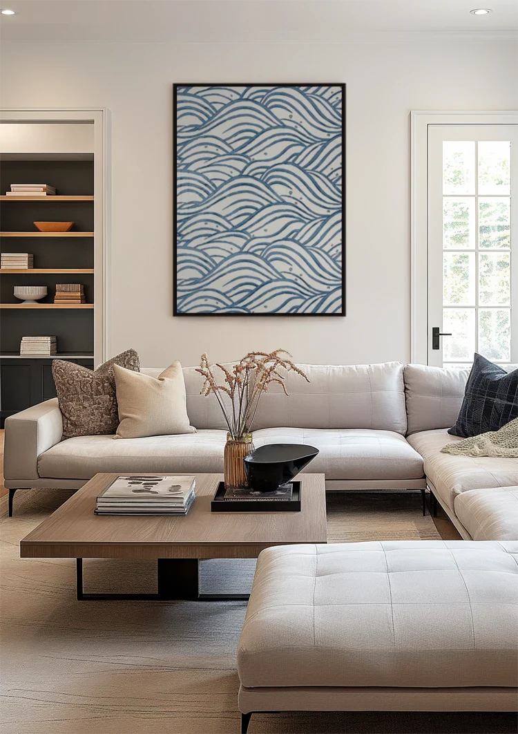 Blue Waves Pattern White Background Ocean Painting