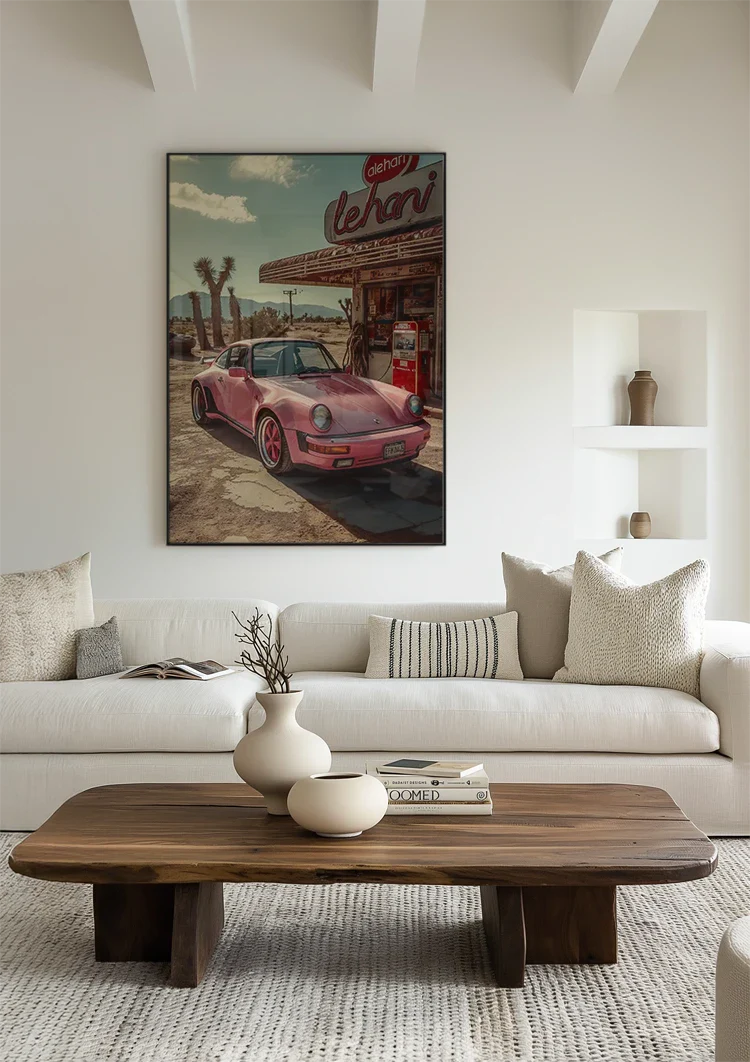 Vintage Pink Porsche Retro Gas Station Desert Americana Painting