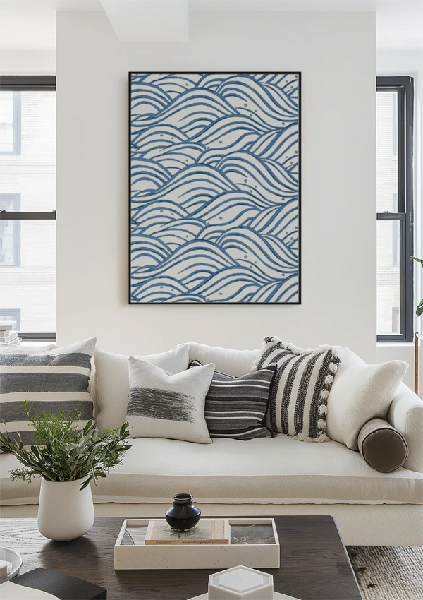 Blue Waves Pattern White Background Ocean Painting
