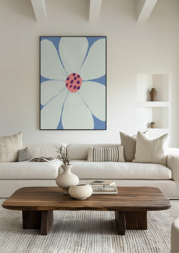 White Flower Red Dots Light Blue Minimalist Painting