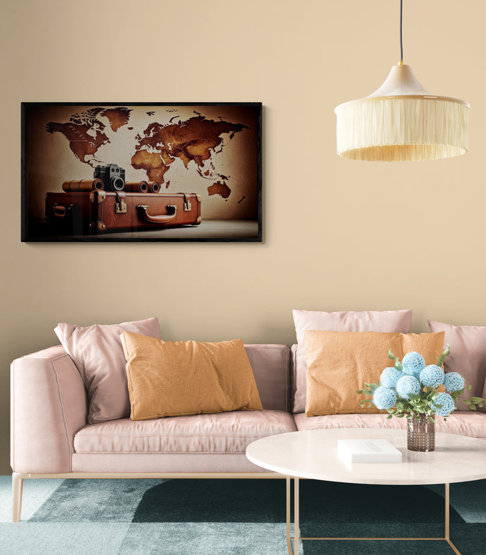 Vintage reiskoffer en wereldkaart – Canvas wandkunst