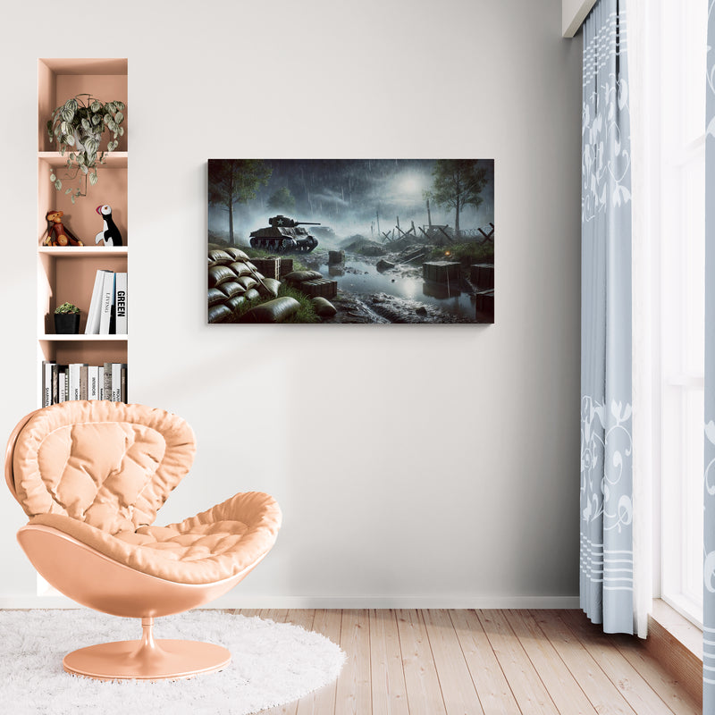 Tank uit de Tweede Wereldoorlog in een regenachtig slagveldlandschap – Canvas wandkunst
