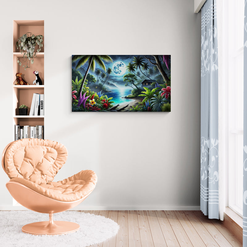 Tropisch strand bij nacht met maanverlichte oceaan en palmbomen - Canvas Wall Art