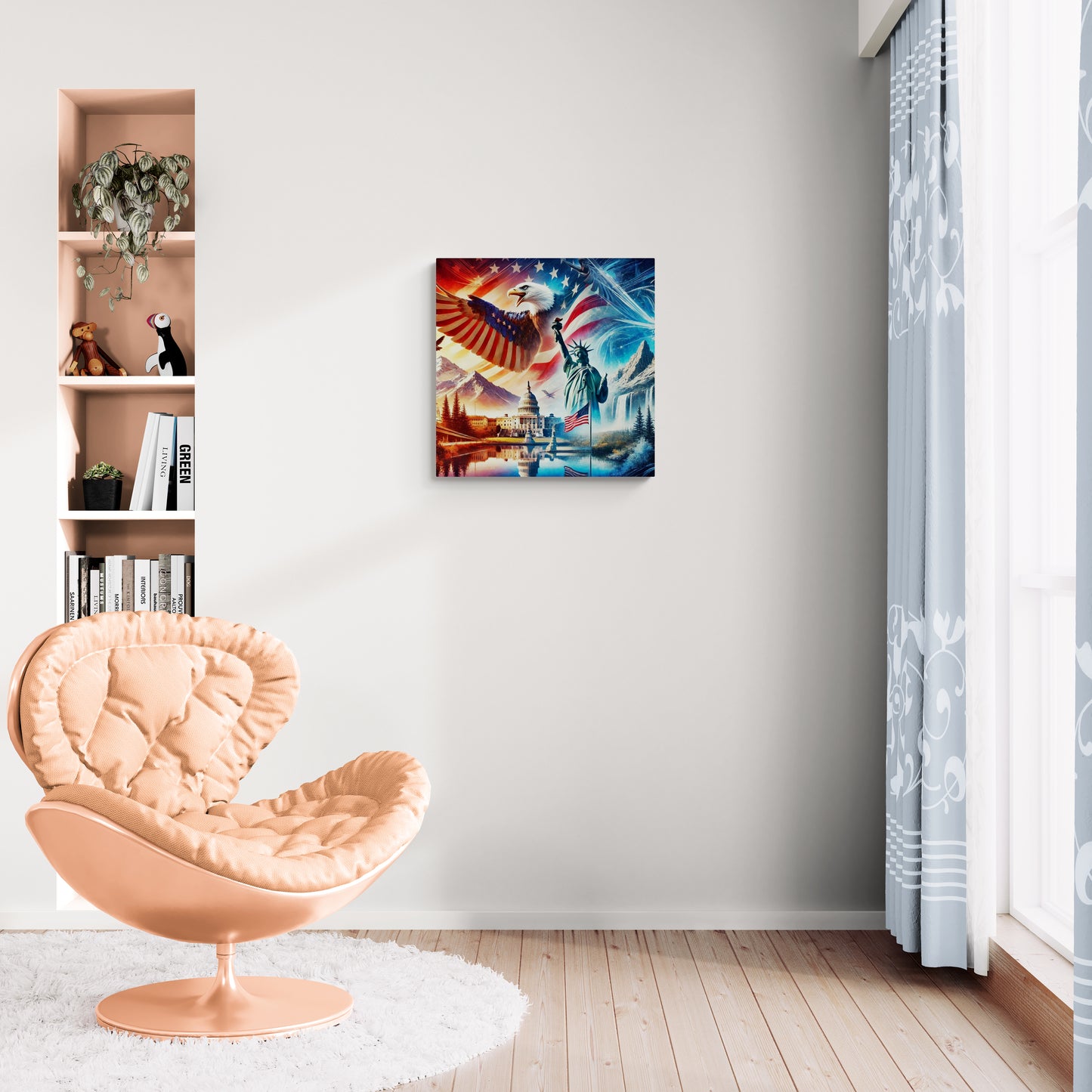 Surrealistische Amerikaanse symbolen en natuurcollage in fantasielandschap – Canvas wandkunst