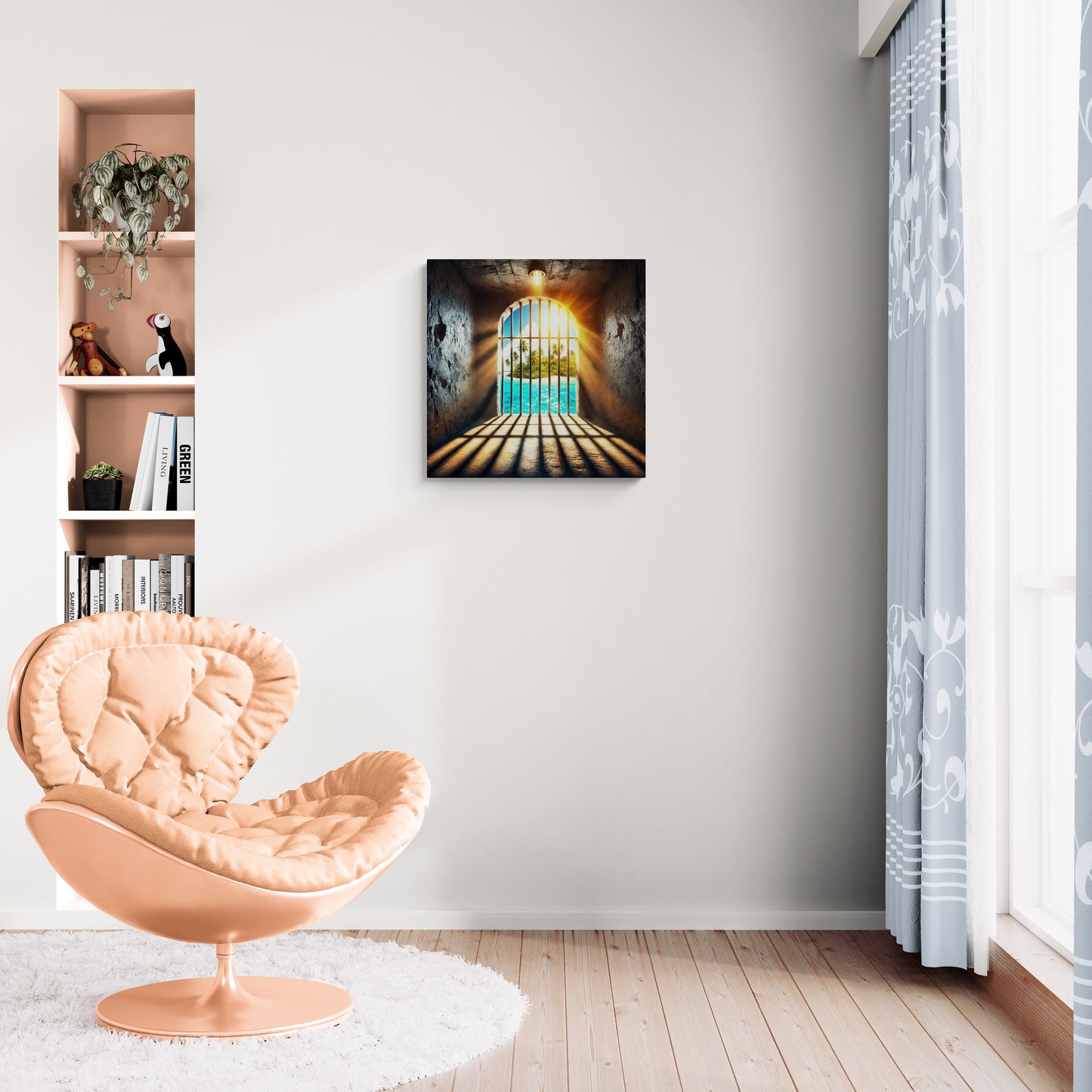 Tropisch eilandzicht door celraam met zonlicht en schaduwen - Canvas wandkunst