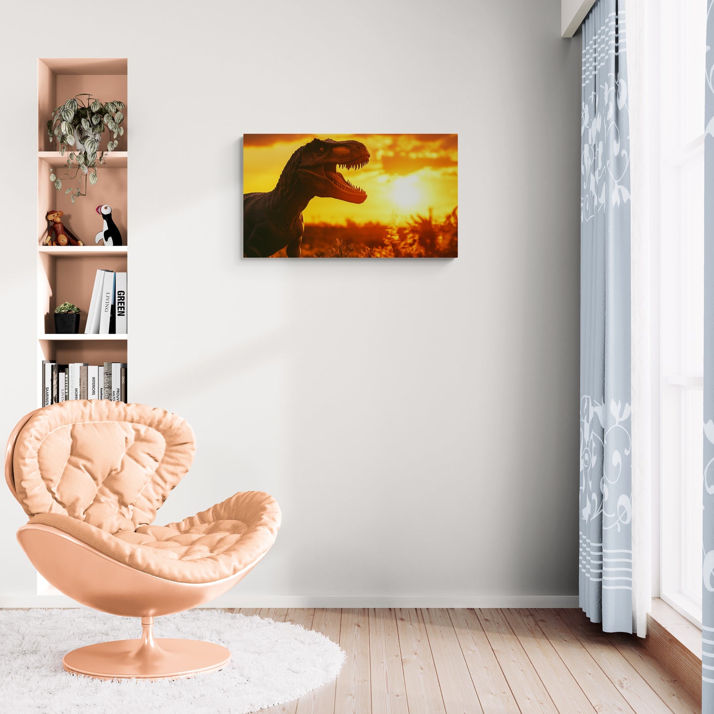 T-Rex-silhouet in zonsonderganglandschap - Canvas wandkunst