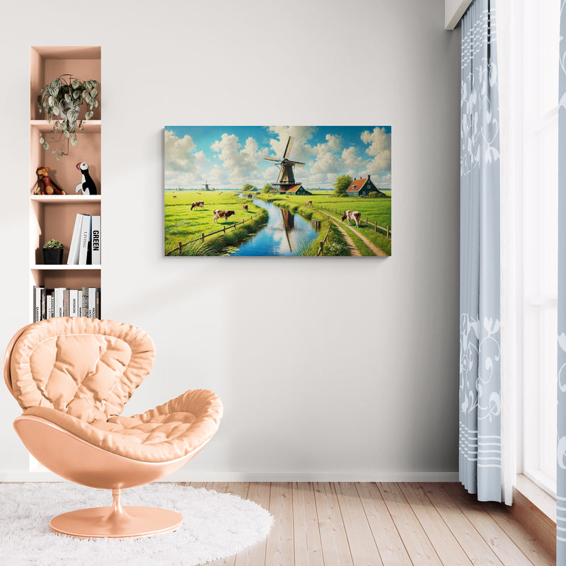 Hollands molenlandschap met groene velden en blauwe lucht – Canvas wandkunst