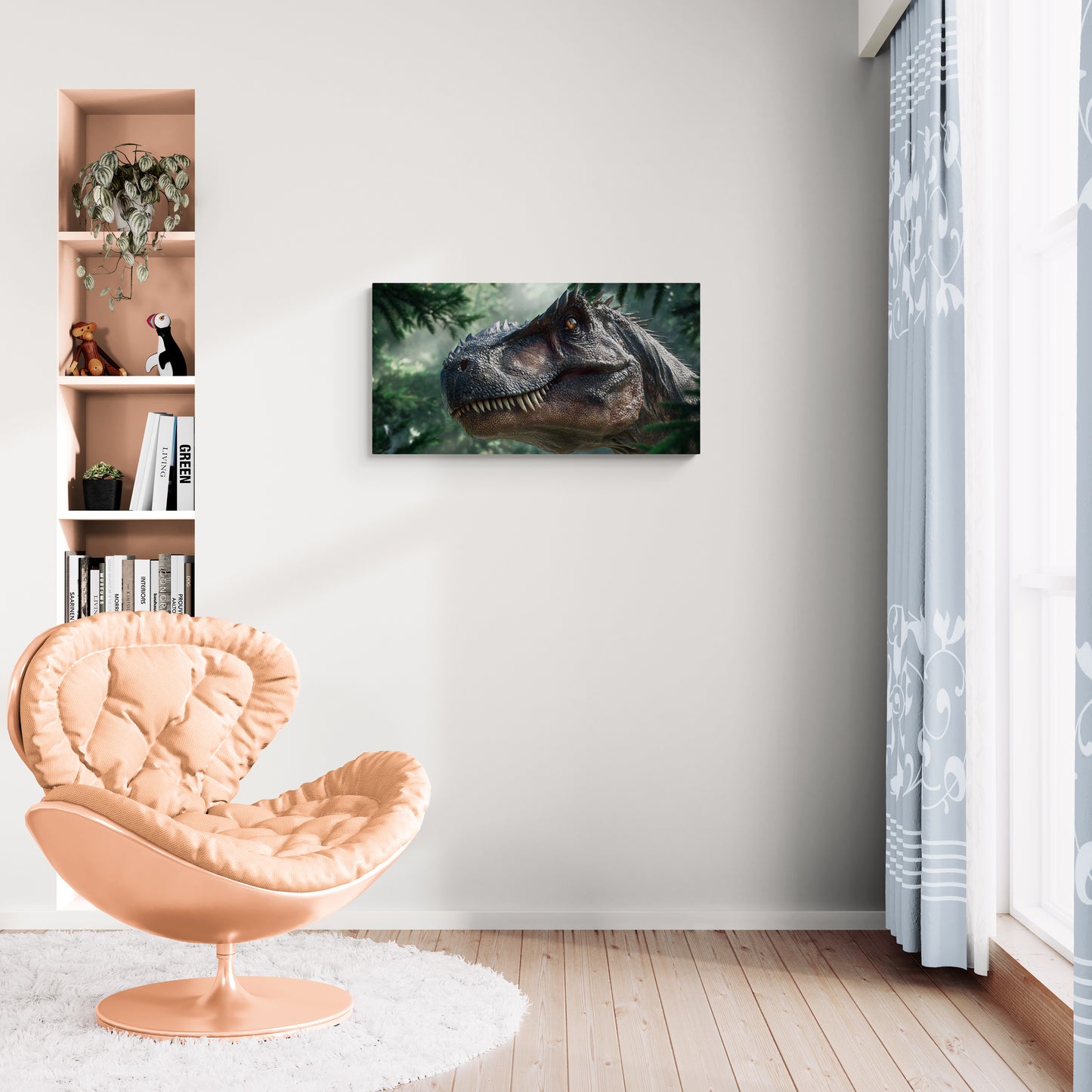 Close-up van een T-Rex-kop in de jungle met natuurlijk licht – Canvas wandkunst